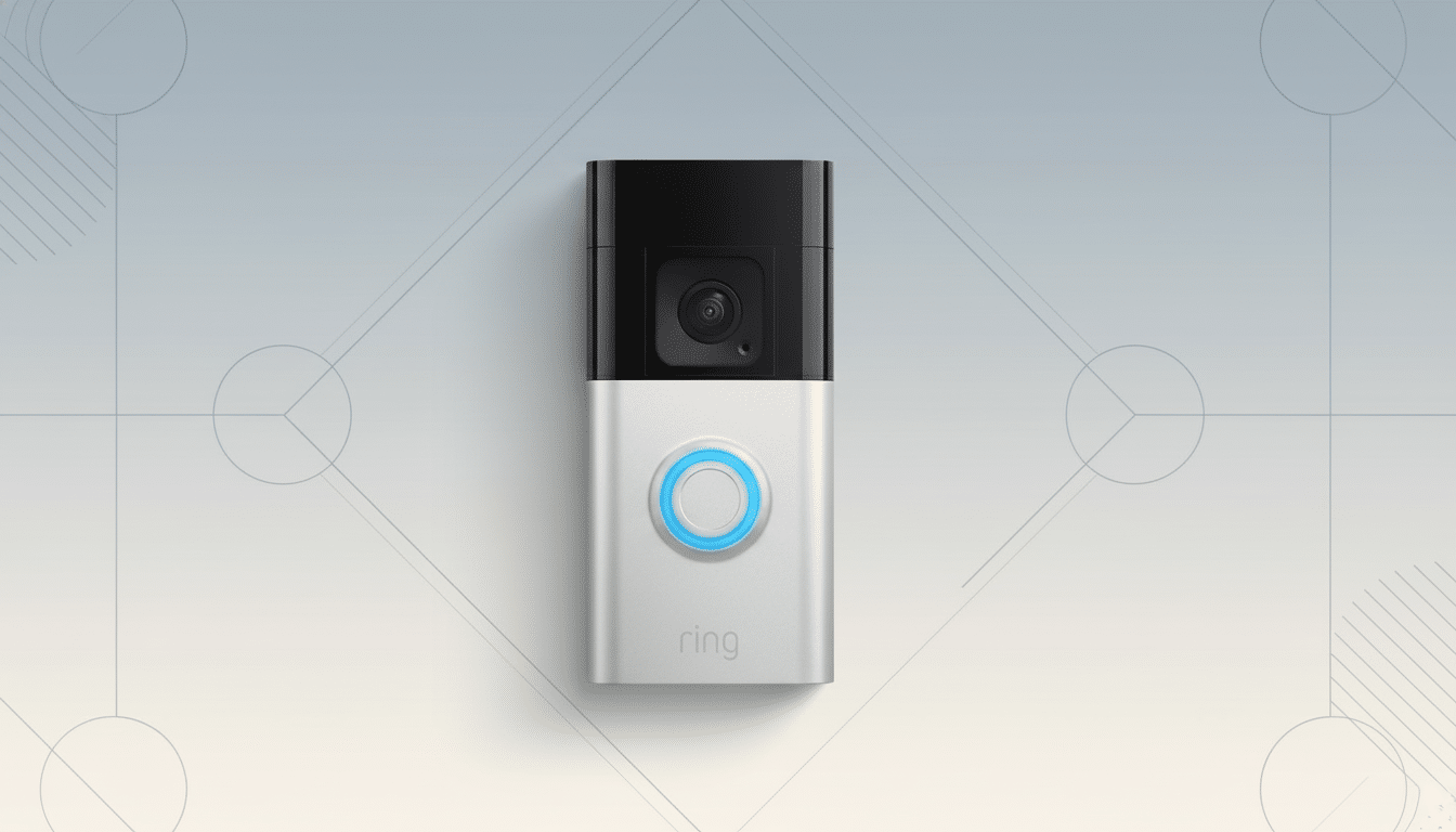 A Ring doorbell with a black top and silver bottom, featuring a glowing blue ring button, centered on a professional flat design background with soft patterns and a gradient from light blue to white.