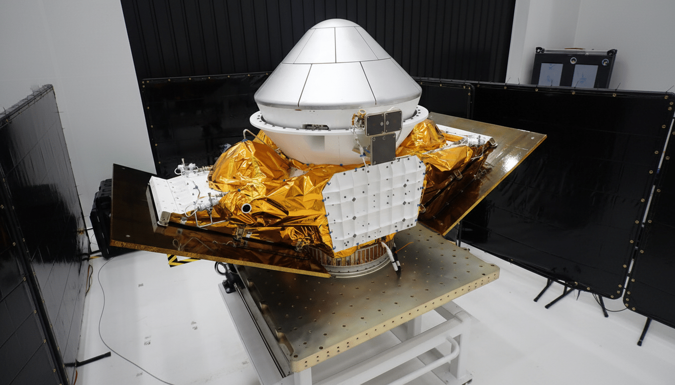 A spacecraft with a silver conical top and gold foil-wrapped components sits on a metallic platform in a clean room.