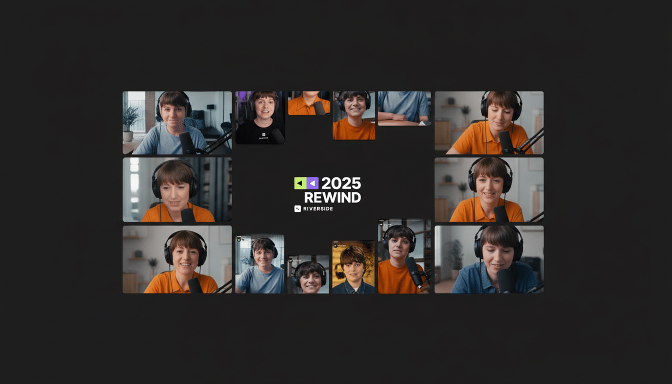 A 16:9 aspect ratio image featuring a central 2025 REWIND RIVERSIDE logo surrounded by multiple video frames of a person wearing headphones, some smiling, against a dark background.