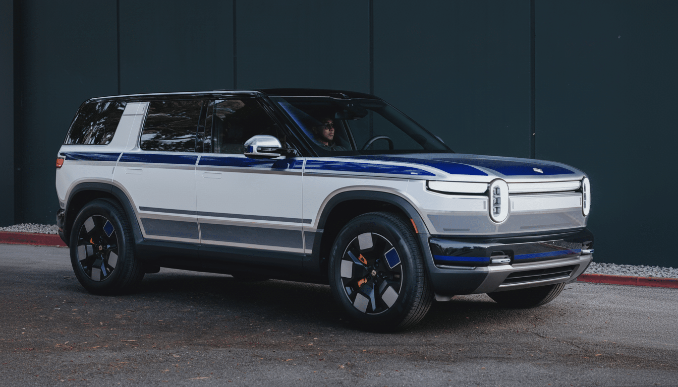 A white and blue Rivian R1S electric SUV parked in front of a dark wall, with a person visible in the drivers seat.