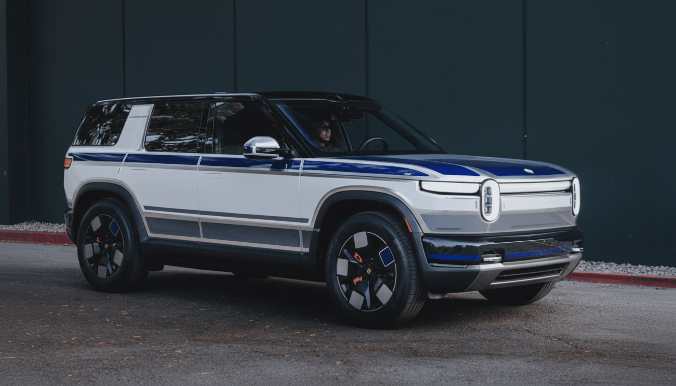 A white and blue Rivian R1S electric SUV parked on asphalt with a dark building in the background.