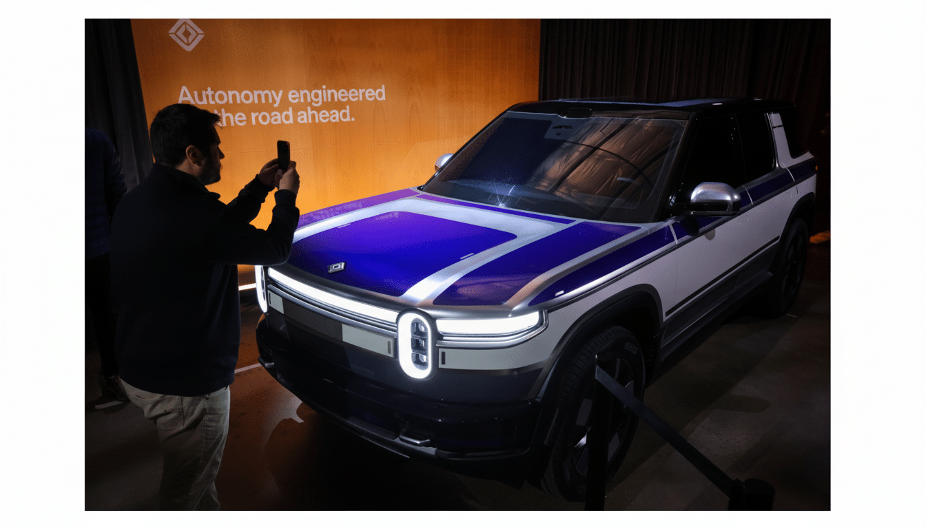 A man taking a photo of a Rivian electric vehicle with a purple and white hood, displayed in front of an orange wall with the text Autonomy engineered the road ahead.