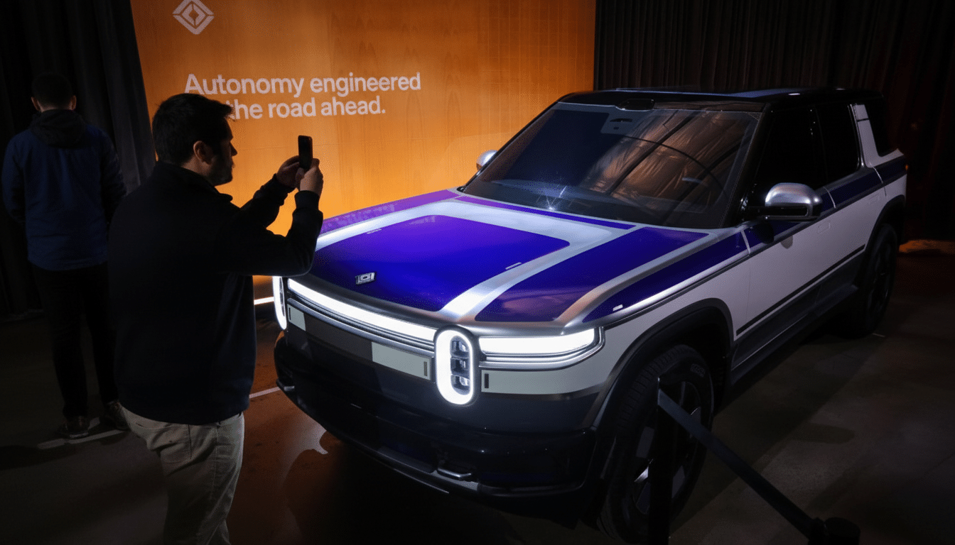 A man taking a photo of a Rivian electric vehicle with a purple and white hood, displayed in front of an orange wall with text.