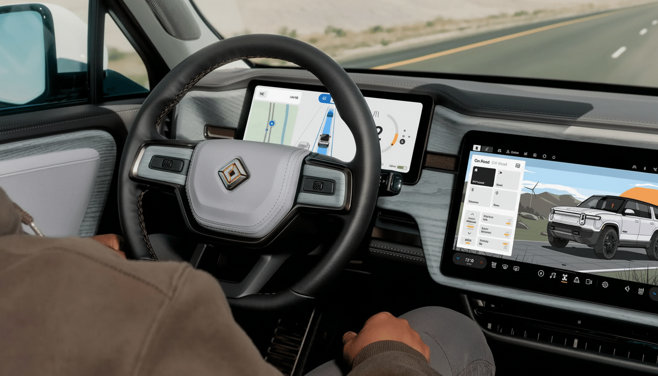 A person driving a Rivian electric vehicle, with the dashboard screens displaying navigation and vehicle information.