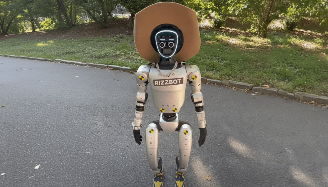 A robot named RIZZBOT wearing a cowboy hat, a chain, and sneakers, standing on an asphalt path with trees and grass in the background.