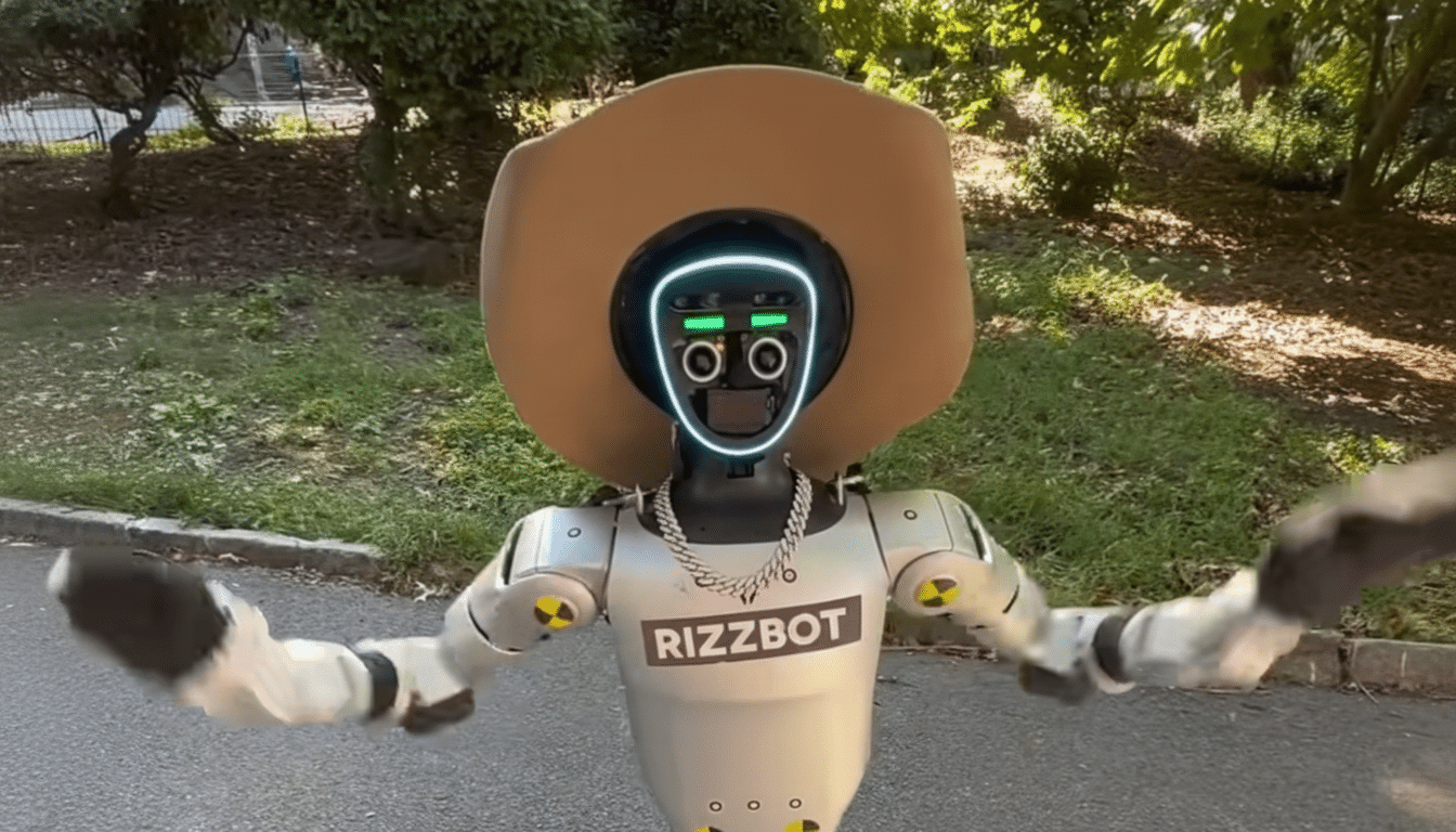 A robot wearing a cowboy hat and a chain with RIZZBOT written on its chest, standing outdoors.