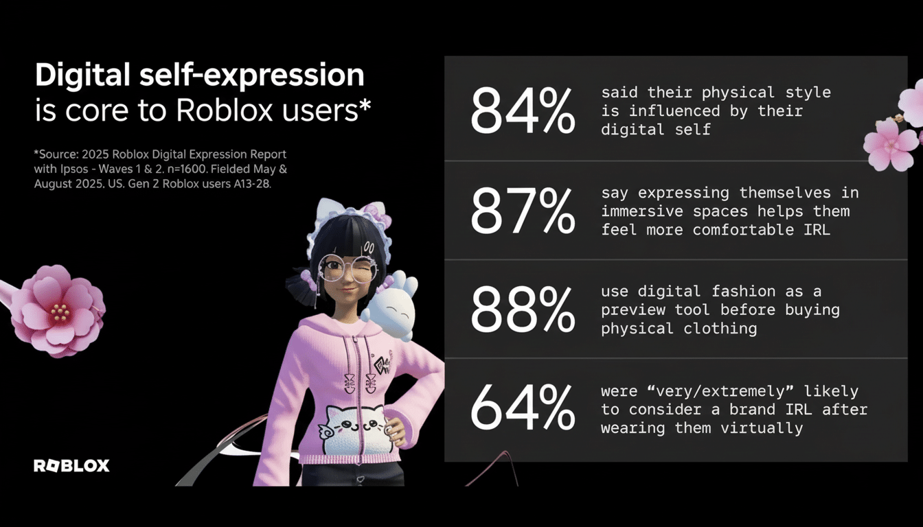 An image with a 16:9 aspect ratio, featuring a Roblox avatar in a pink hoodie and cat-ear headphones, alongside statistics about digital self-expression among Roblox users.