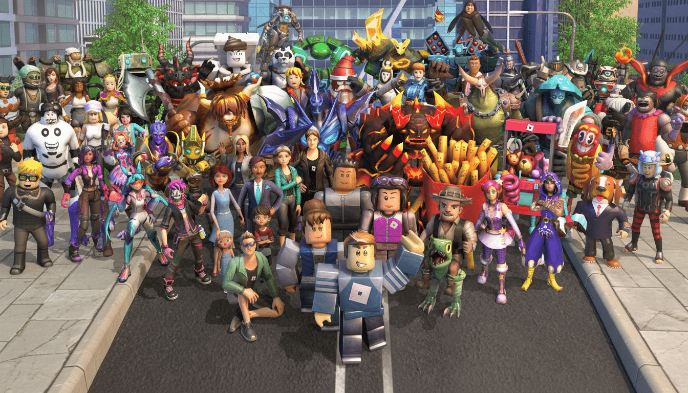 A large group of diverse Roblox characters, including humans, animals, and fantastical creatures, standing on a street with buildings and trees in the background.