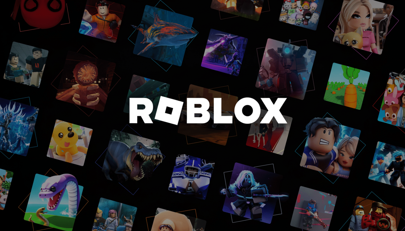 The Roblox logo is centered on a black background, surrounded by a collage of various game screenshots and character images from the platform, all presented within tilted, square frames with subtle colorful outlines.