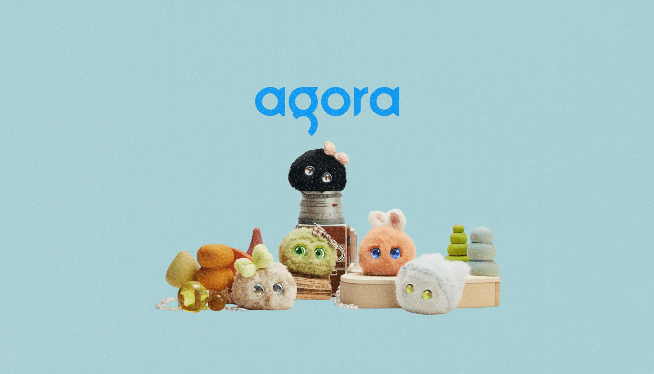 A 16:9 aspect ratio image featuring the agora logo in blue above a collection of fluffy, round, creature-like toys in various colors, set against a light blue background.