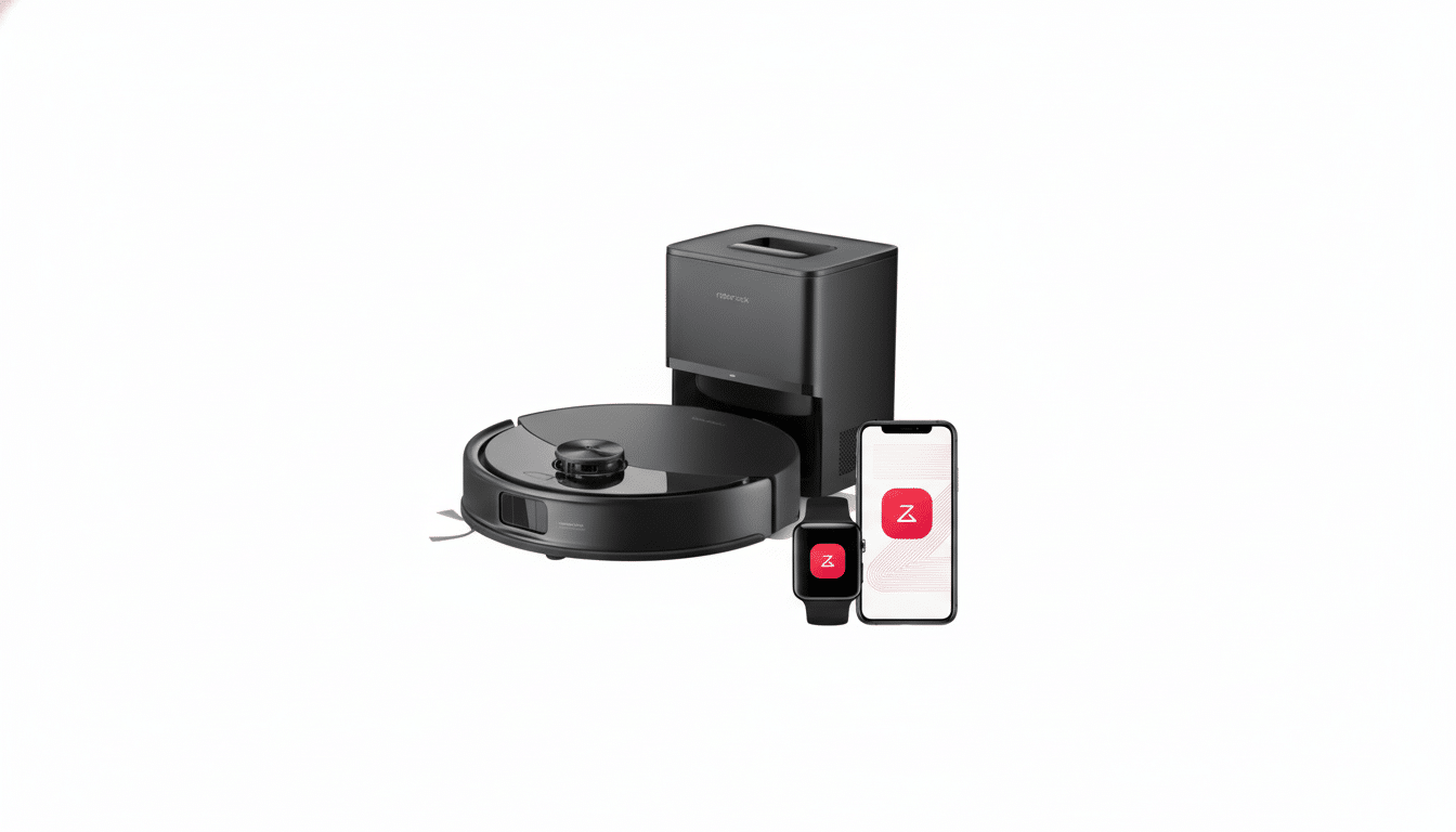 A black Roborock robot vacuum and its charging dock, alongside a smartphone and smartwatch displaying an app with a red Z logo, all presented on a clean white background.