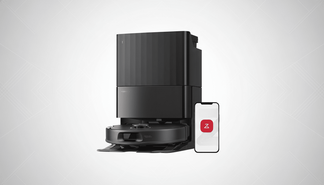 A black Roborock S7 MaxV Ultra robot vacuum and its accompanying charging dock are shown next to a smartphone displaying the Roborock app. The background is a professional flat design with soft patterns and gradients.