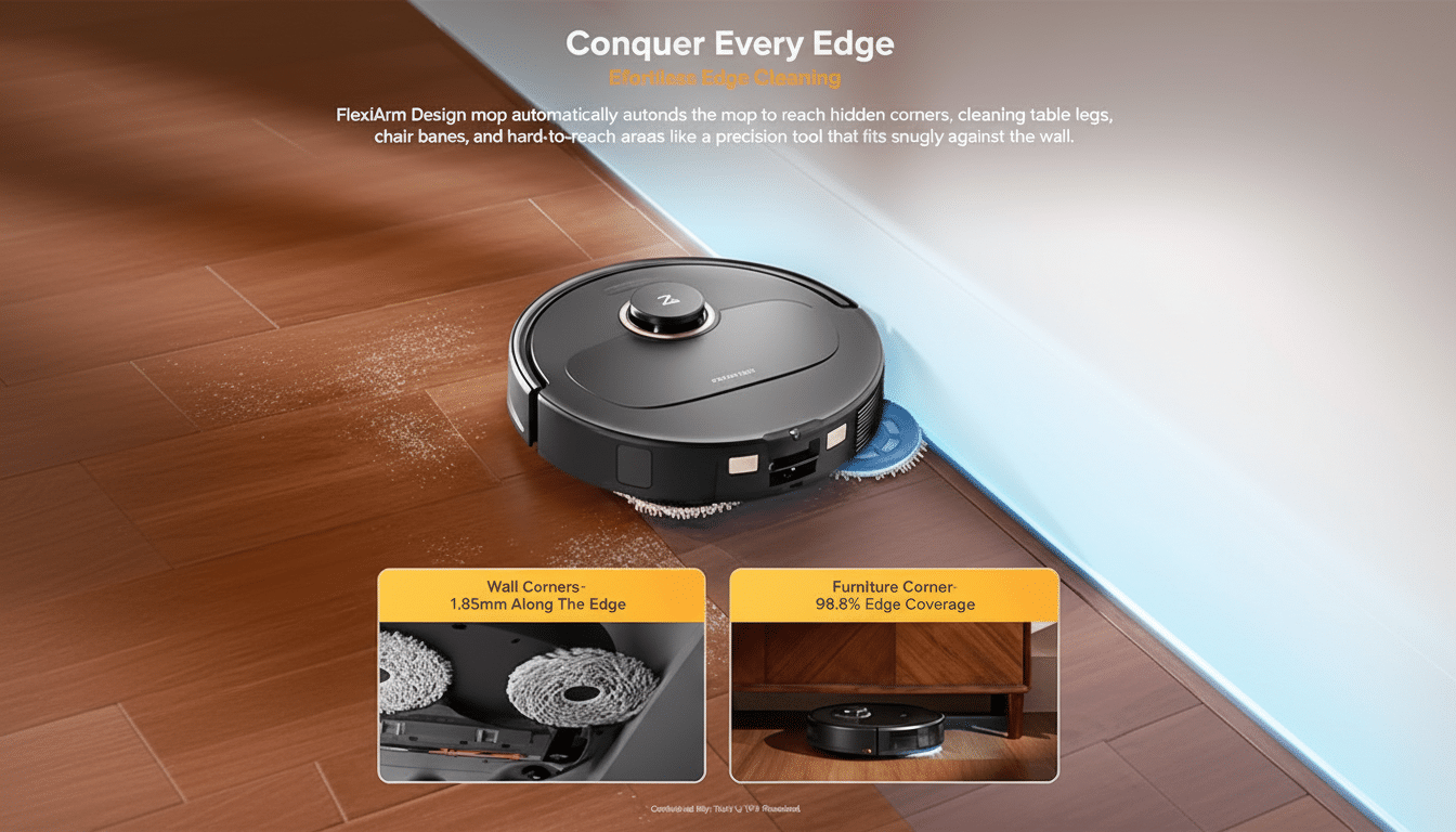 A black robotic vacuum cleaner with a blue spinning mop attachment is shown cleaning along a light-colored wall and a wooden floor. Text overlays describe its Conquer Every Edge feature and FlexiArm Design for reaching hidden corners. Two smaller inset images show close-ups: one of the mop cleaning a wall corner, and another of the robot cleaning under furniture.