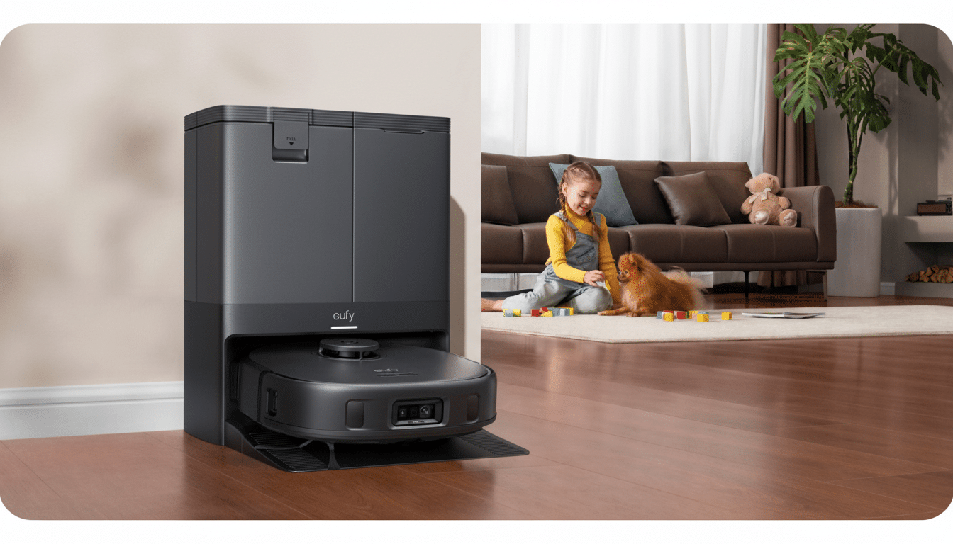 A eufy robot vacuum docked in its charging station in a living room, with a young girl and a dog playing in the background.