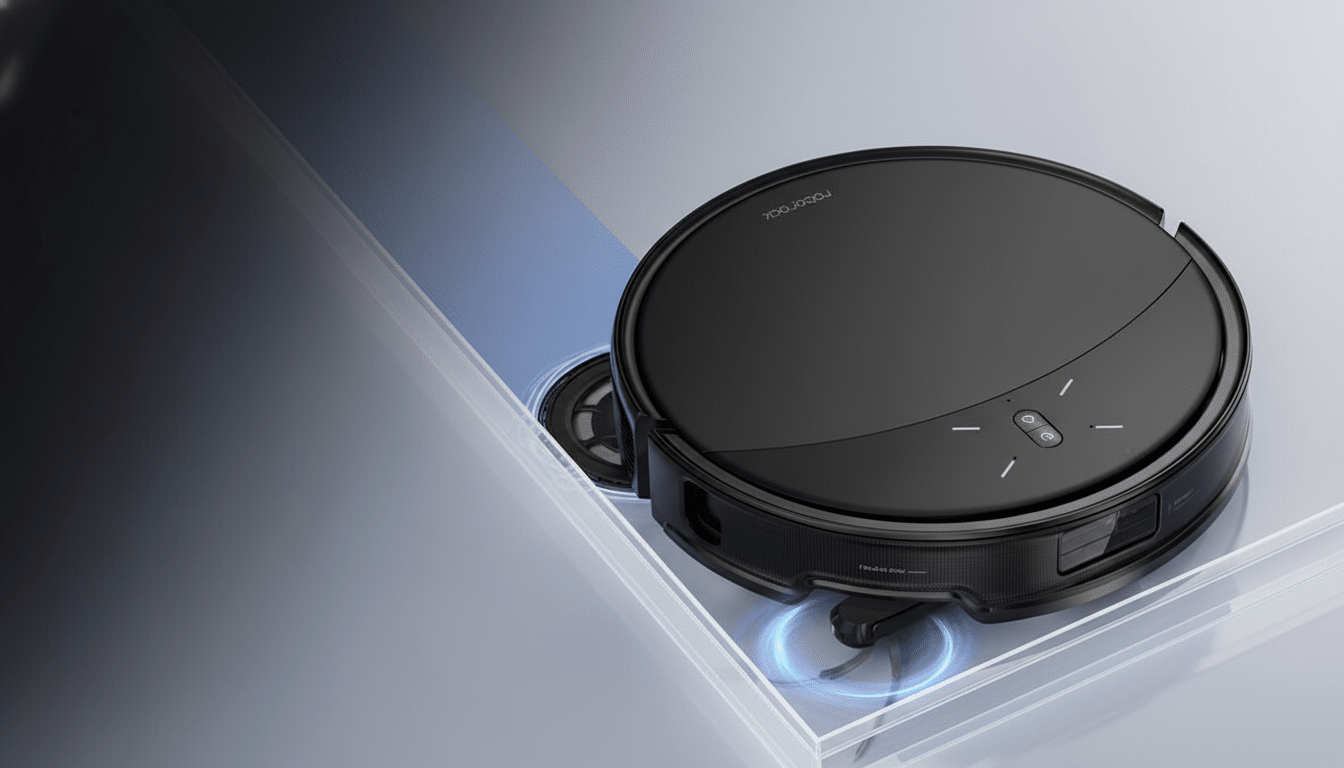 A black Roborock robot vacuum cleaner is shown from a slightly elevated perspective, with a portion of its side visible as it appears to be cleaning or moving along a surface. The background features a gradient of blue and grey, with a subtle light effect around the vacuum.