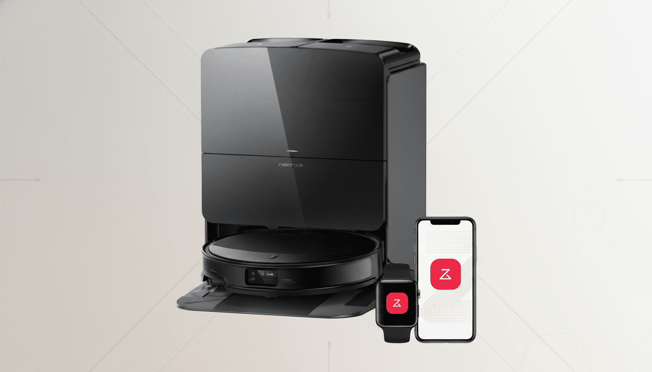 A black Roborock robot vacuum and its docking station, accompanied by a smartphone and smartwatch displaying a red Z logo, all set against a professional flat design background with soft patterns.