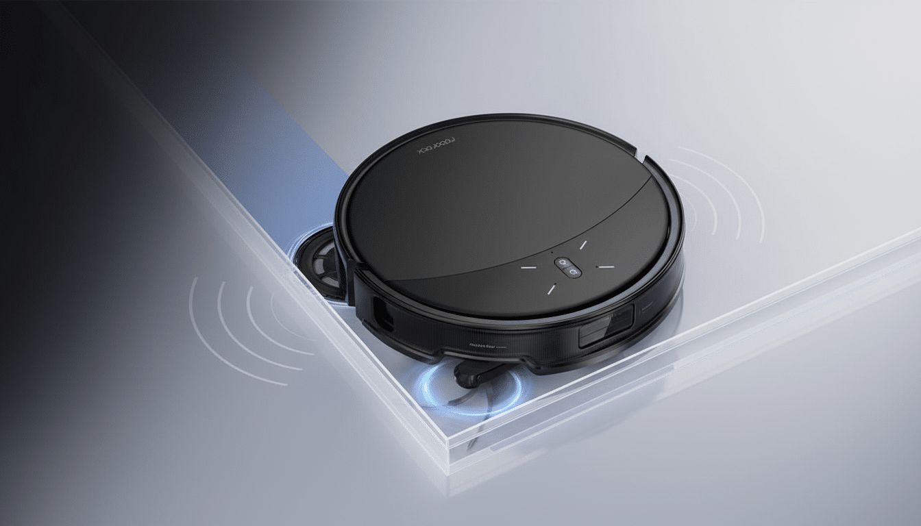 A black Roborock robot vacuum cleaner is shown from a slightly elevated perspective, positioned on a clear, reflective surface with a subtle blue glow emanating from beneath it. The background features a gradient from dark to light gray, with a soft blue stripe extending from the vacuum.