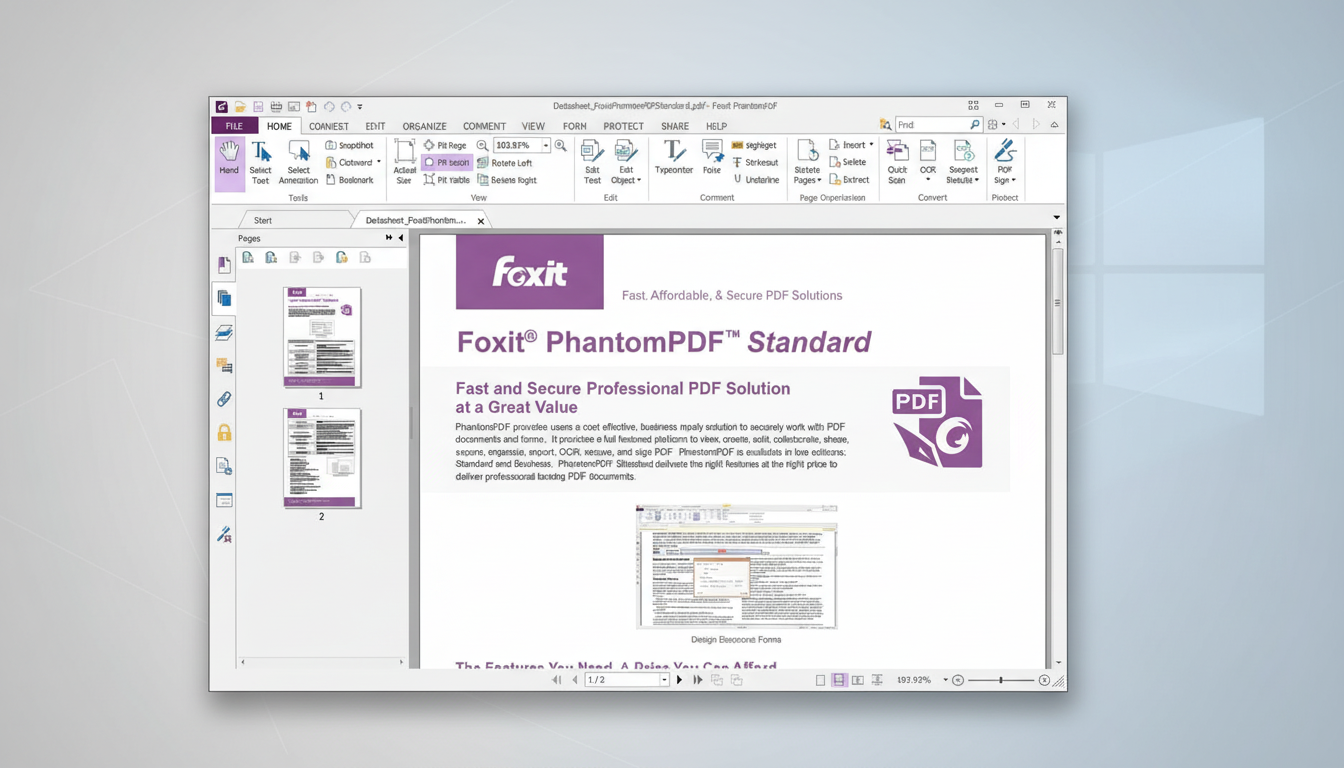 A screenshot of the Foxit PhantomPDF Standard software interface, displaying a PDF document with product information and features. The interface is set against a professional, soft gradient background.