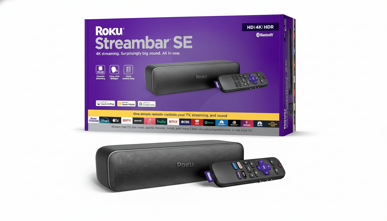 A Roku Streambar SE and its remote control are displayed in front of its purple and black packaging, set against a clean white background.