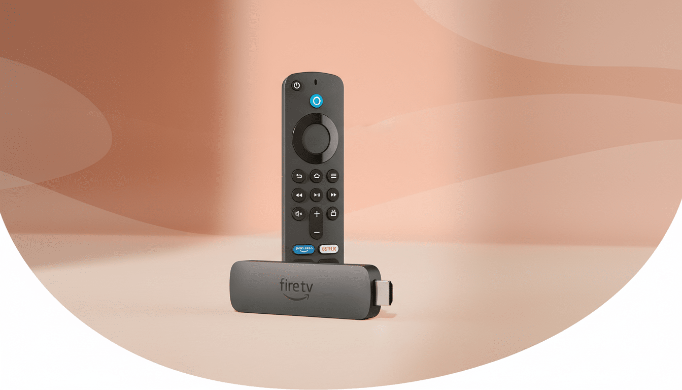 A Fire TV Stick and its remote control are displayed on a peach-colored background.