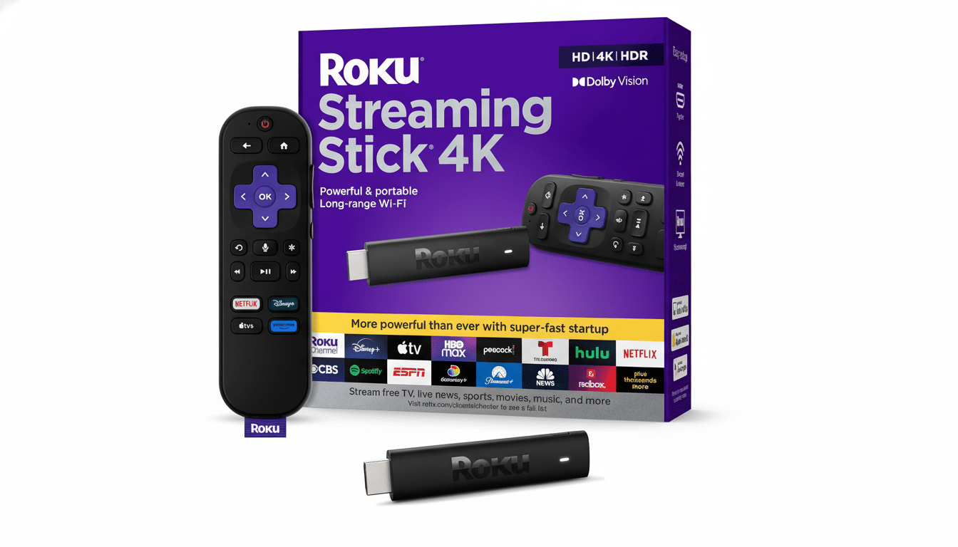 A Roku Streaming Stick 4K box, remote, and the stick itself are displayed against a clean white background.