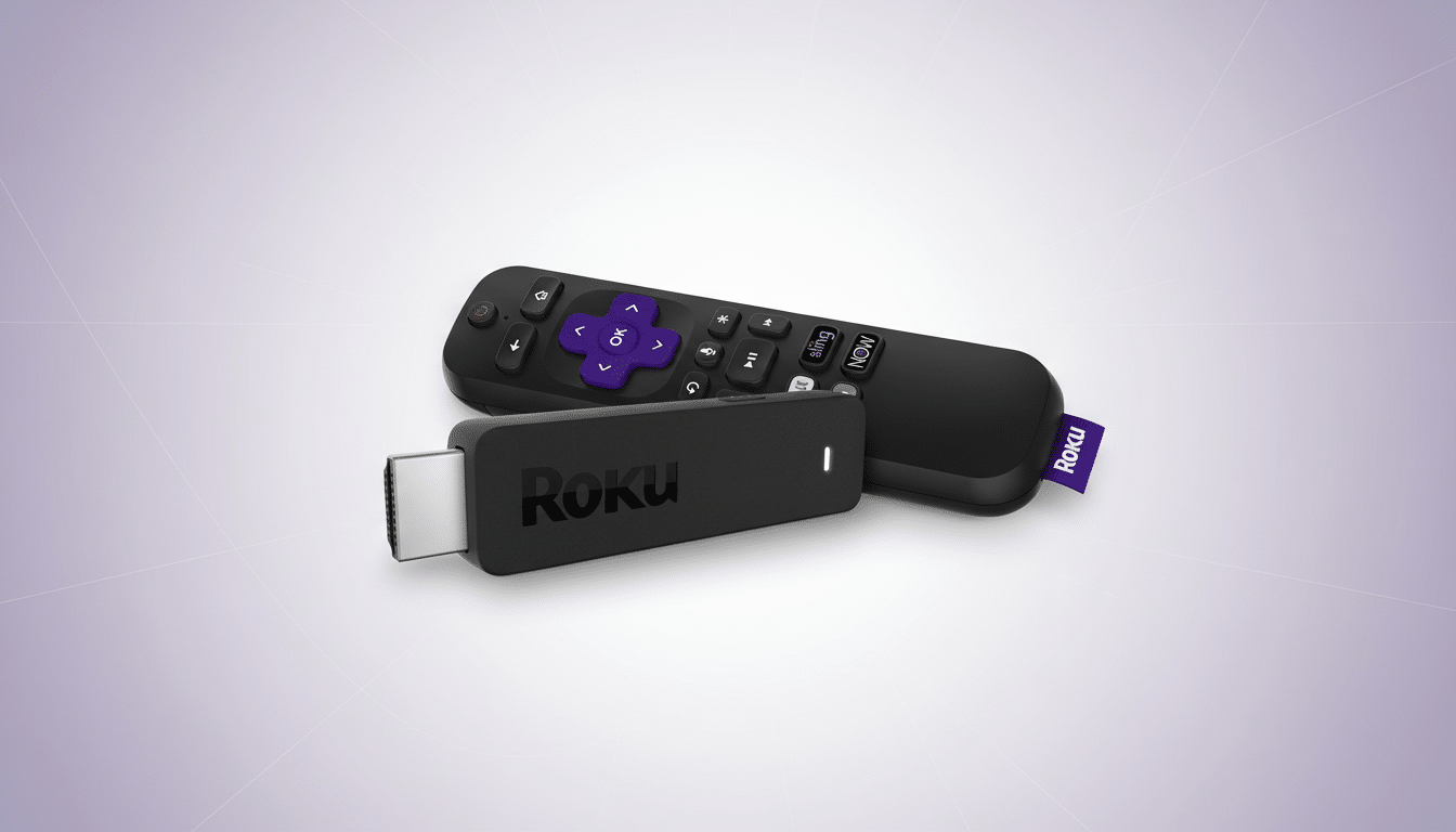 A Roku streaming stick and its remote control are displayed on a professional flat design background with a soft purple gradient.
