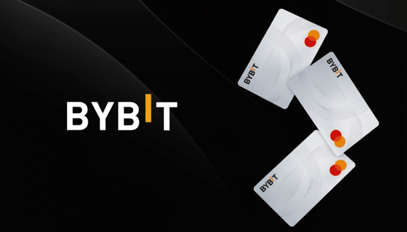 A professional image featuring the Bybit logo and three white Bybit credit cards with Mastercard branding, set against a dark background with subtle wave patterns, resized to a 16:9 aspect ratio.