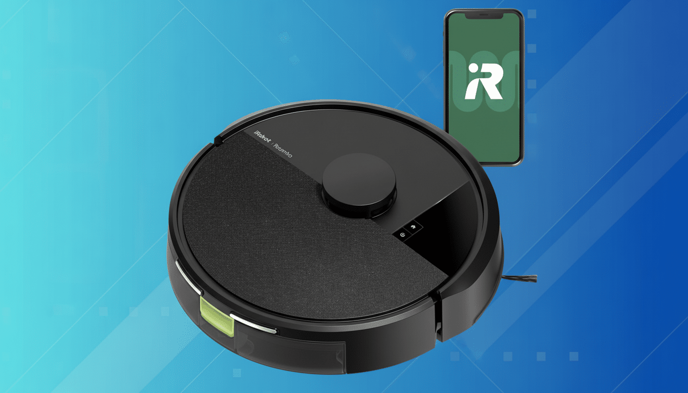 A black iRobot Roomba vacuum cleaner and a smartphone displaying the iRobot app, set against a professional blue gradient background with subtle geometric patterns.
