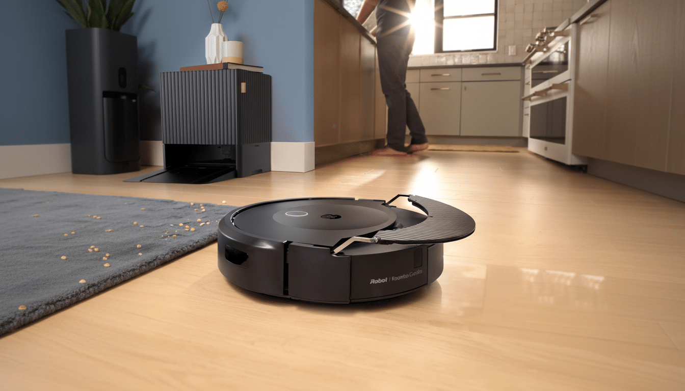A black Robot Roomba Combo vacuum cleaner on a light wood floor in a kitchen, with a person standing in the background.