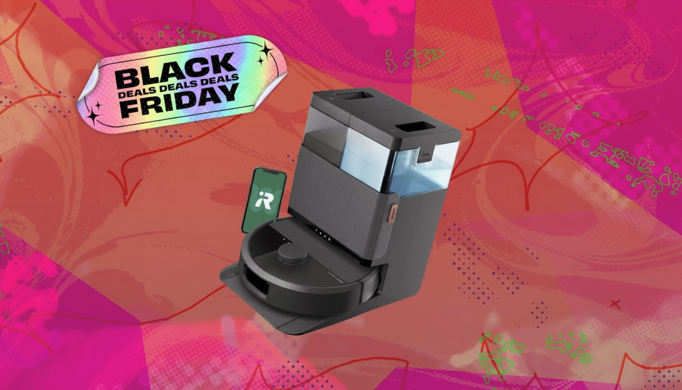 A Black Friday Deals banner and a robotic vacuum cleaner with its charging station and a smartphone displaying the control app, set against a vibrant pink and red background with abstract doodles.