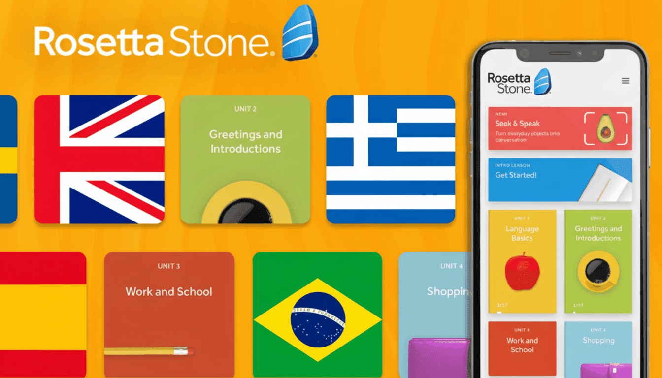 A professional, enhanced image of the Rosetta Stone language learning app interface, resized to a 16:9 aspect ratio. The image features the Rosetta Stone logo and various language flags and lesson modules, with a smartphone displaying the app on the right.