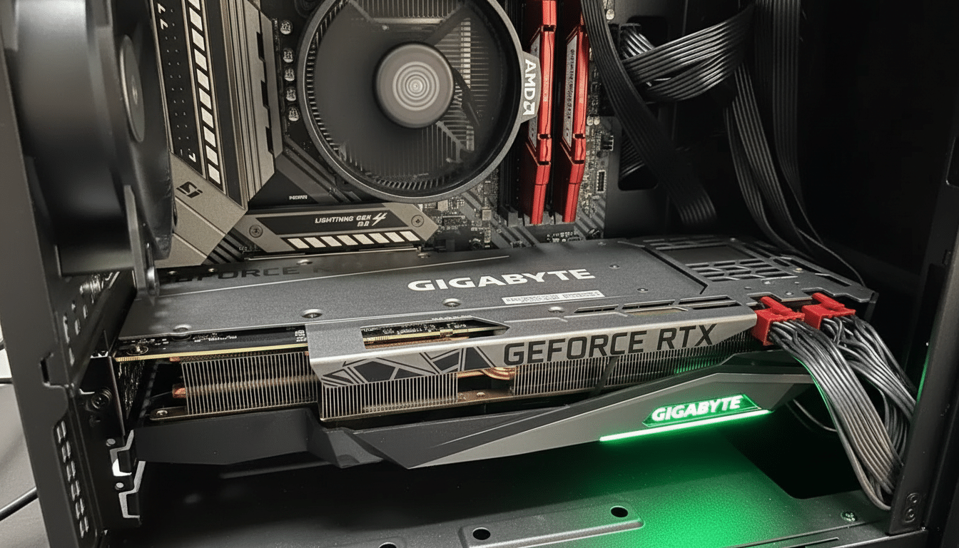 A close-up, professionally enhanced image of a Gigabyte GeForce RTX graphics card installed in a computer, with a 16:9 aspect ratio.