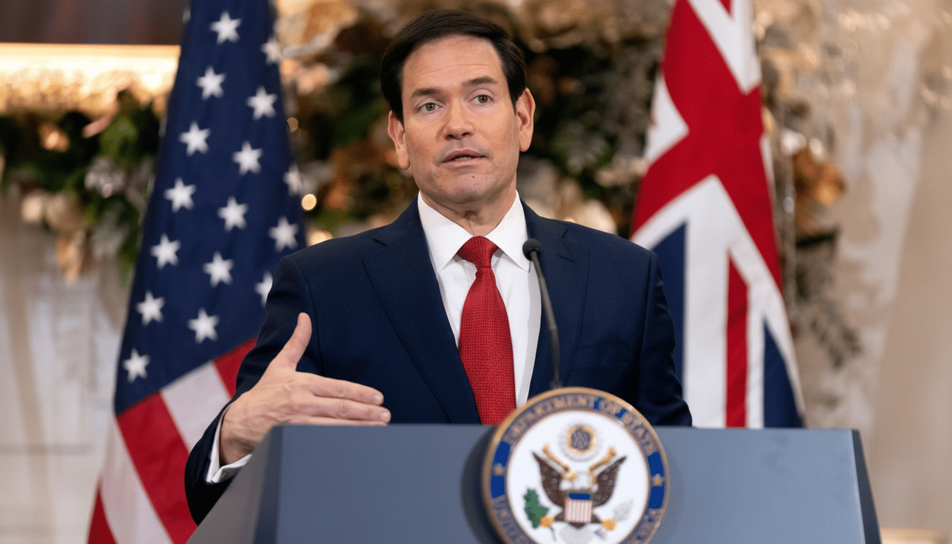 A man in a suit and red tie stands at a podium with the US and UK flags in the background.