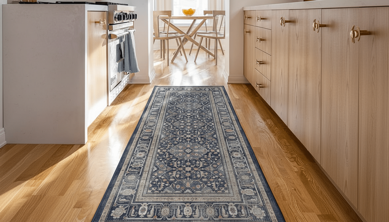 A long, narrow blue and beige patterned runner rug laid on a light wooden floor in a kitchen, leading towards a dining area with a table and chairs.