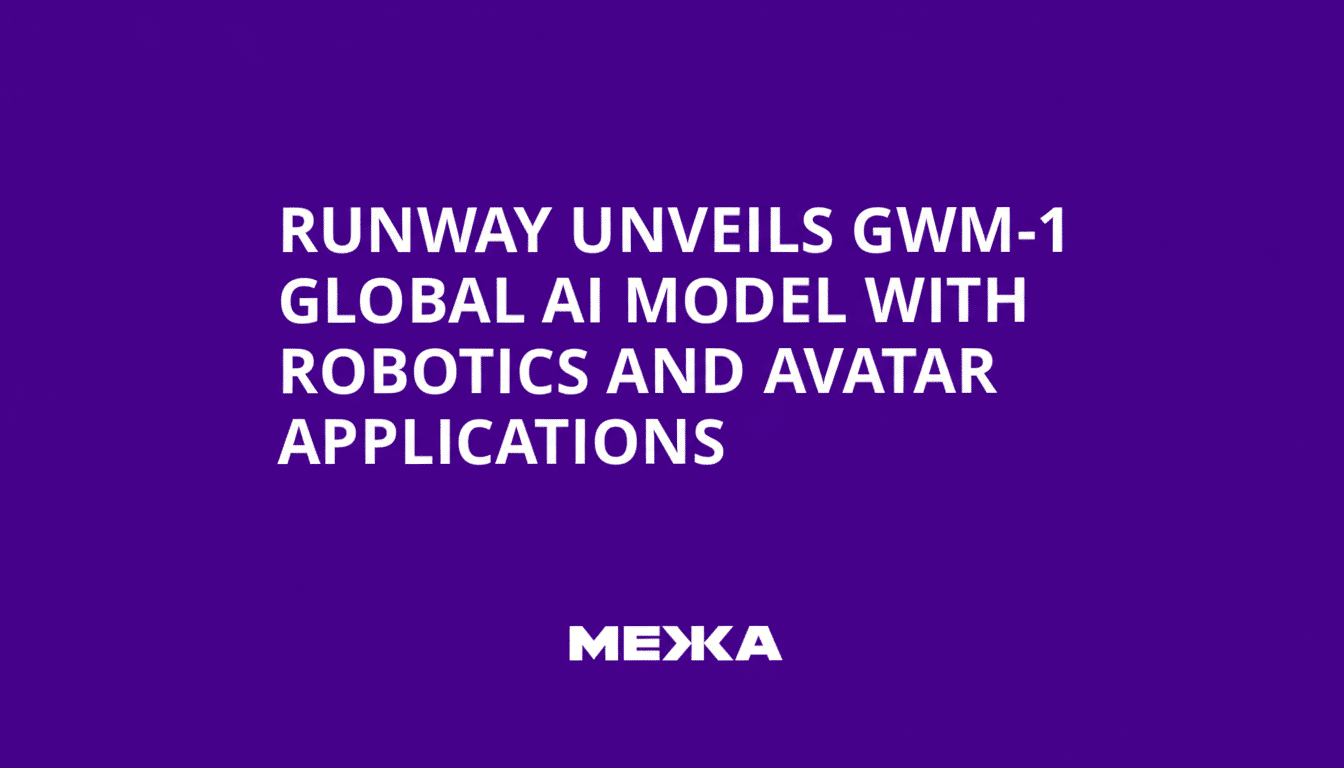 A purple background with white text that reads RUNWAY UNVEILS GWM-1 GLOBAL AI MODEL WITH ROBOTICS AND AVATAR APPLICATIONS and МЕЖА at the bottom.