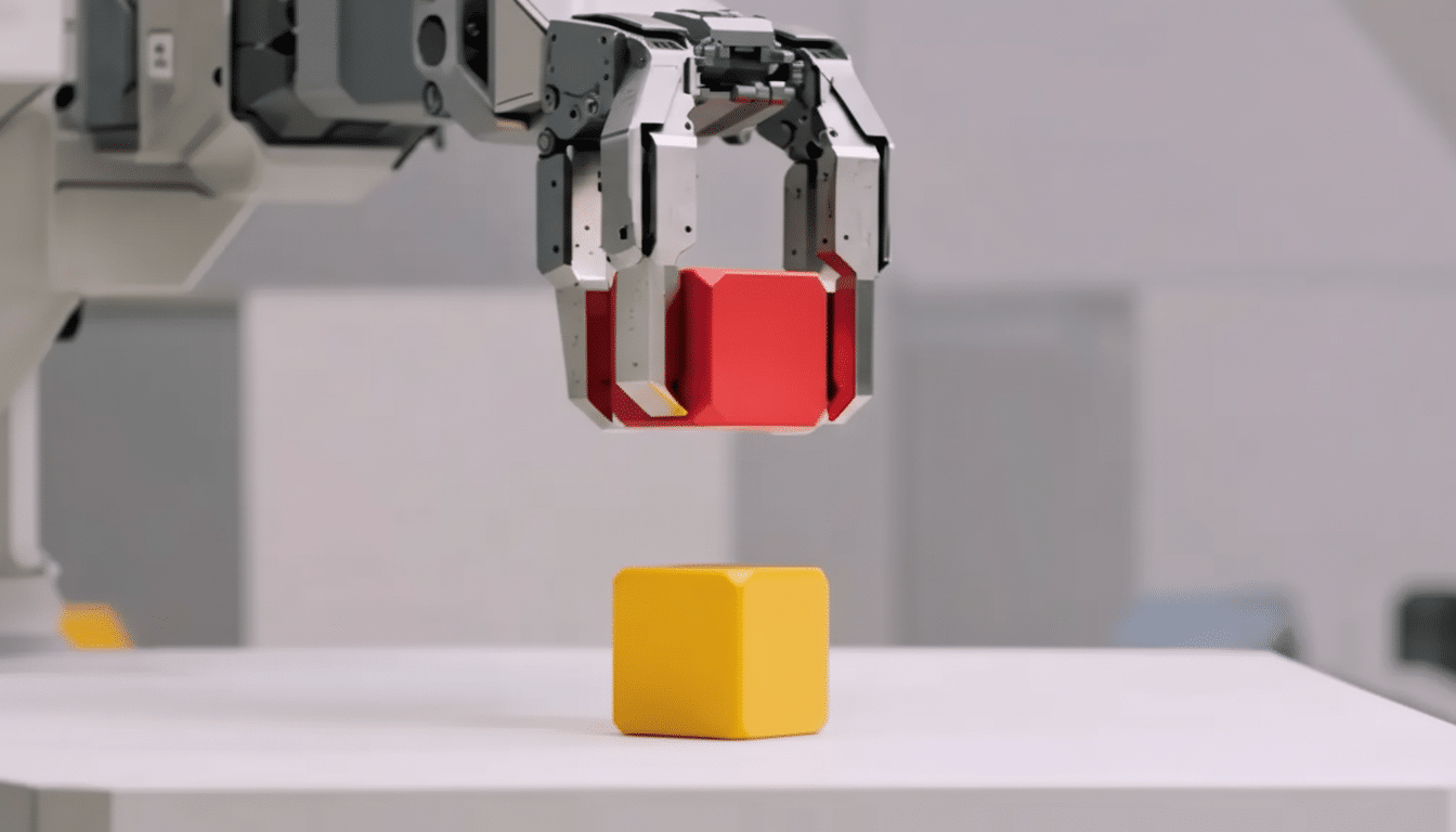 A robotic arm holding a red cube above a yellow cube on a white surface.