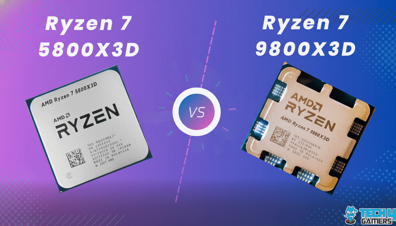 A comparison image of two AMD Ryzen processors, the Ryzen 7 5800X3D and the Ryzen 7 9800X3D, set against a professional 16:9 aspect ratio background with soft purple and blue gradients.