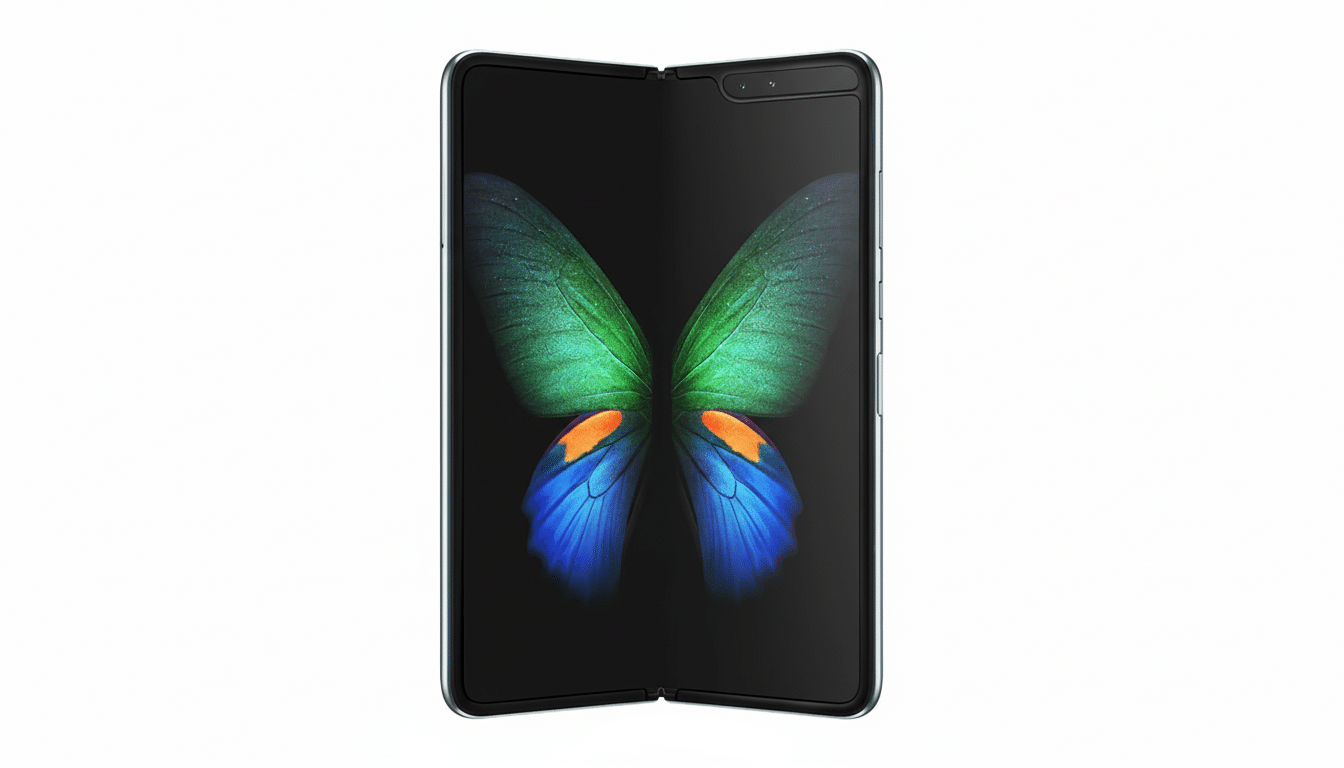 A Samsung Galaxy Fold phone, partially folded, displaying a butterfly image on its screen, set against a clean white background.