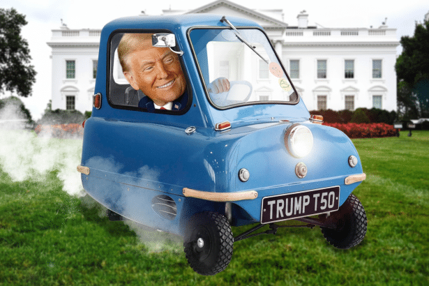 Donald Trump smiling and driving a small blue car with TRUMP T50 on the license plate, on a grassy lawn with the White House in the background.