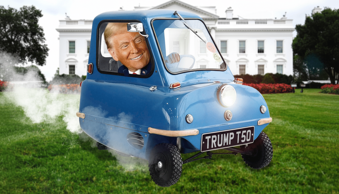 Donald Trump smiling and driving a small blue car with TRUMP T50 on the license plate, on a grassy lawn with the White House in the background.