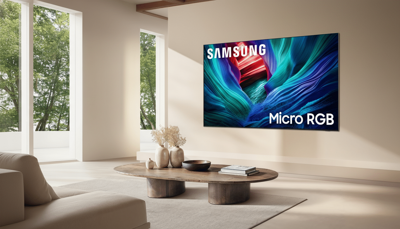 A Samsung Micro RGB TV is mounted on a light beige wall in a modern living room with a large window overlooking greenery.