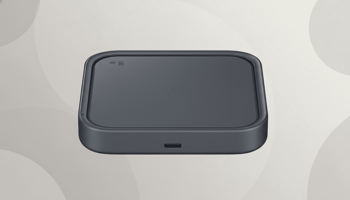 A dark gray square wireless charging pad with rounded edges, featuring a USB-C port on the front, presented on a professional light gray background with subtle, soft circular patterns.