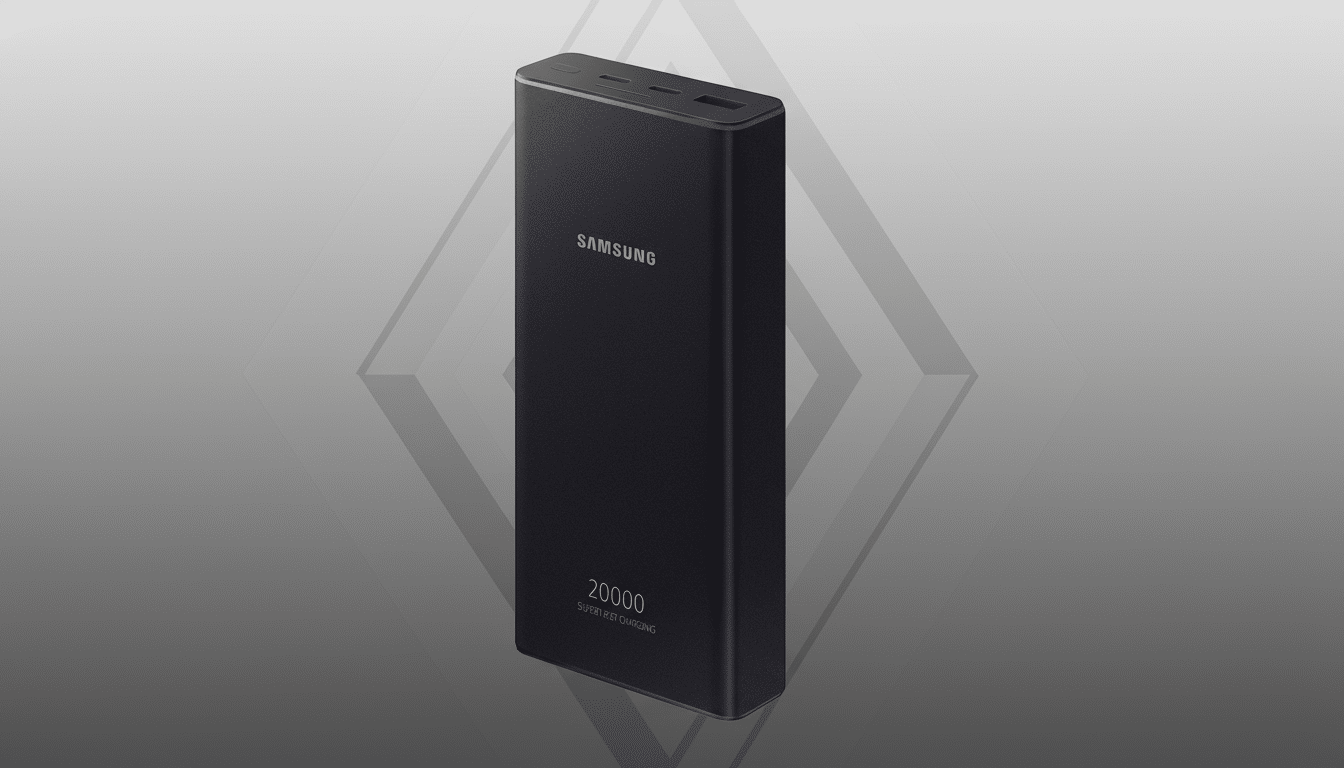 A black Samsung 20000 mAh Super Fast Charging power bank is presented on a professional flat design background with soft gray gradients and subtle geometric patterns.