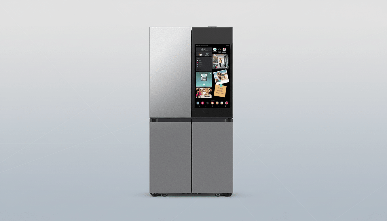 A modern, four-door stainless steel smart refrigerator with a large touchscreen display on the upper right door. The display shows various apps, a clock, weather, and family photos. The background is a professional flat design with a soft gray gradient and subtle horizontal lines.