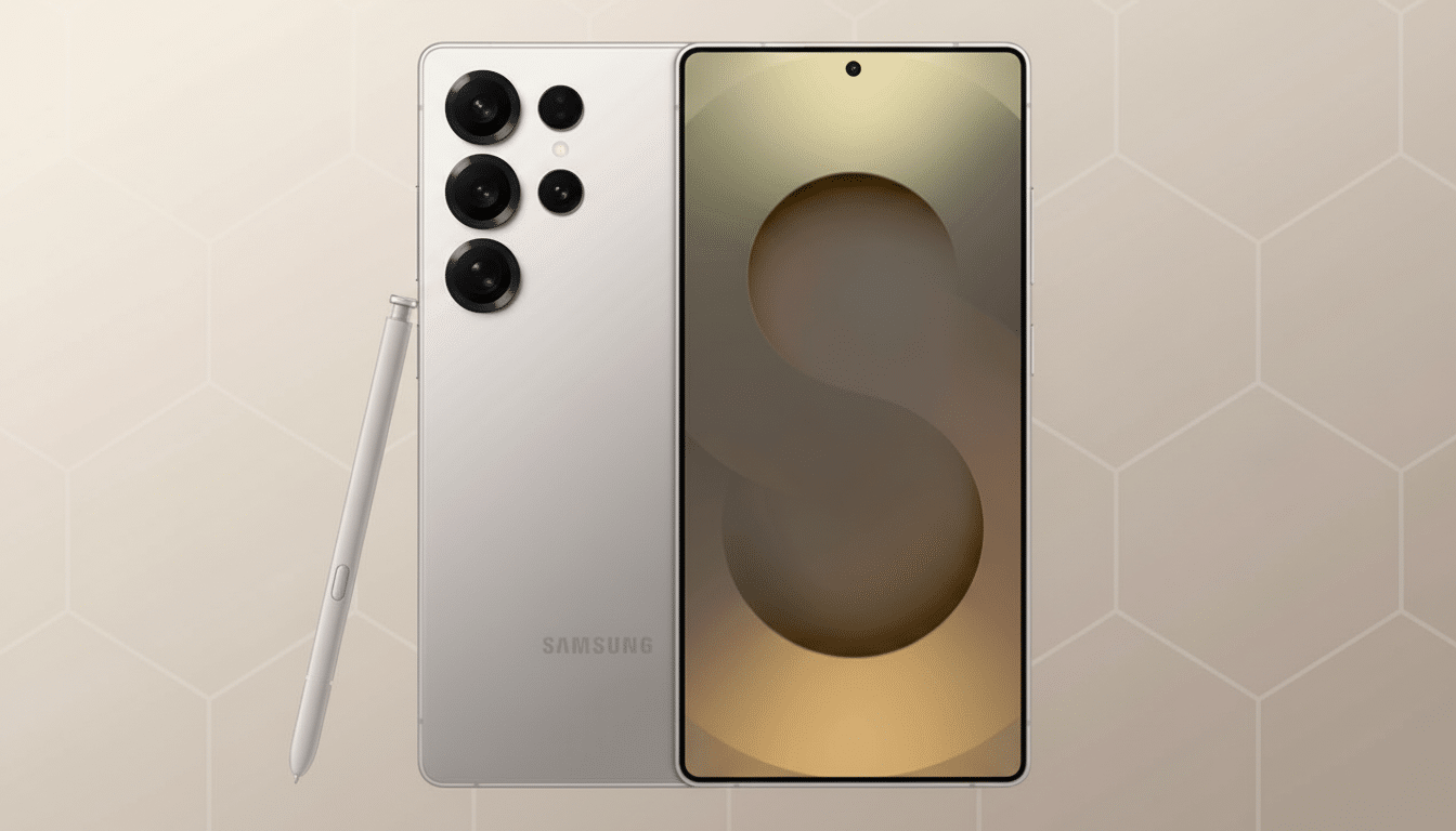 A Samsung smartphone and its stylus are displayed against a professional flat design background with soft patterns.