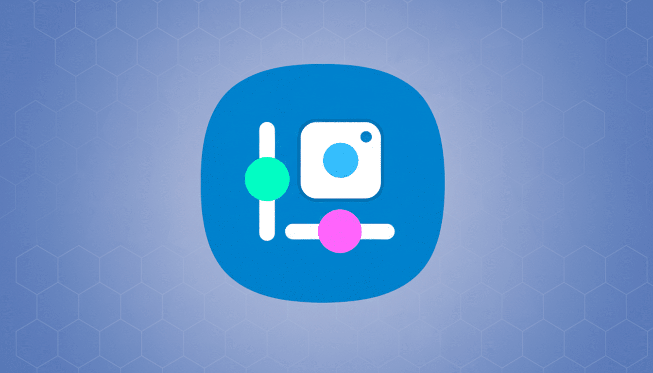 A blue circular icon with a white camera and two sliders, set against a professional light blue background with a subtle hexagonal pattern.