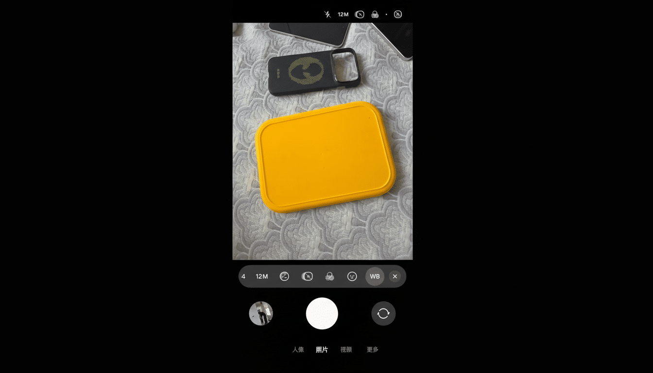 A yellow rectangular object with rounded corners is centered on a textured gray and white surface, possibly a bedspread. In the background, a black phone case with a green circular design and other dark objects are visible. The image is framed by a smartphone camera interface, showing various settings and controls at the top and bottom.