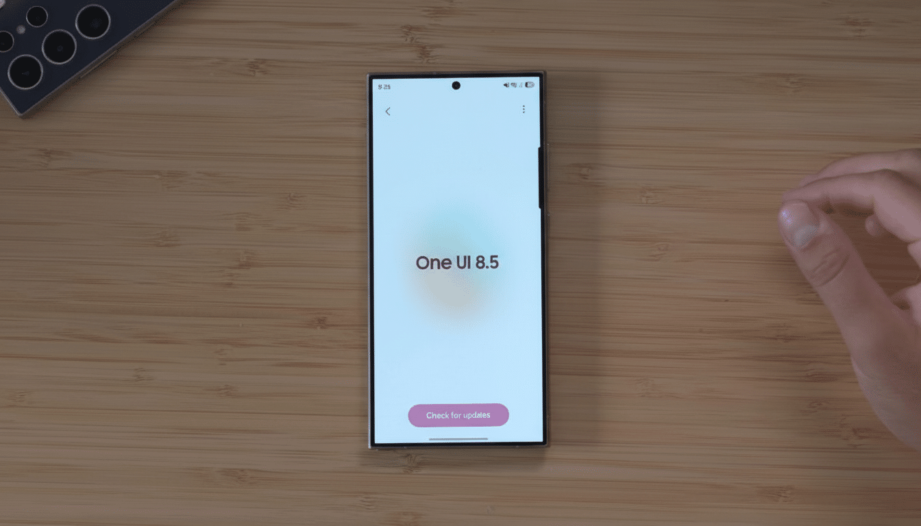 A smartphone displaying One UI 8.5 and a Check for updates button, held by a hand on a wooden surface.