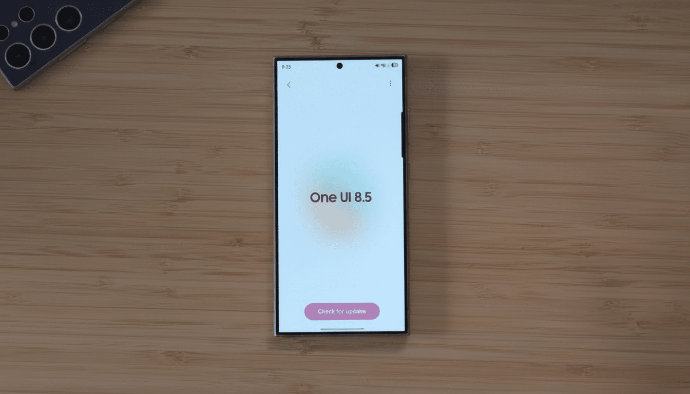 A smartphone displaying One UI 8.5 on its screen, with a Check for updates button below, set against a wooden table background.
