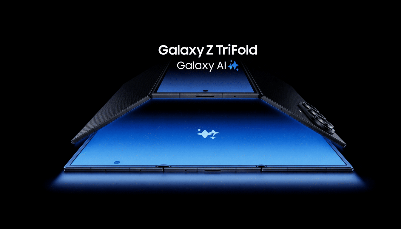 A Samsung Galaxy Z TriFold phone, partially unfolded to reveal a blue screen with a sparkling icon, against a dark background.